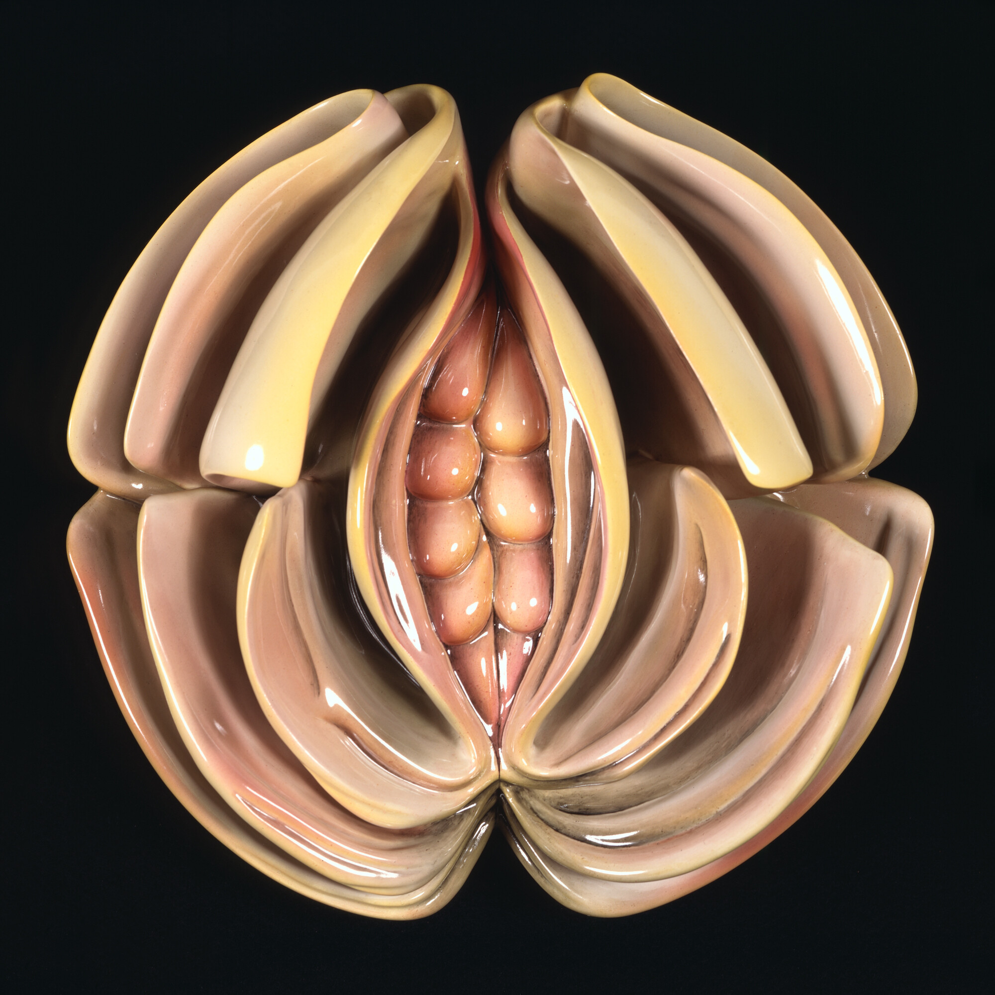 Judy Chicago, Virginia Woolf plate from The Dinner Party, 1979, china paint on porcelain, 14 in. diameter, Elizabeth A. Sackler Center for Feminist Art, Collection of the Brooklyn Museum. Judy Chicago, Virginia Woolf plate from The Dinner Party, 1979, china paint on porcelain, 14 in. diameter, Elizabeth A. Sackler Center for Feminist Art, Collection of the Brooklyn Museum.